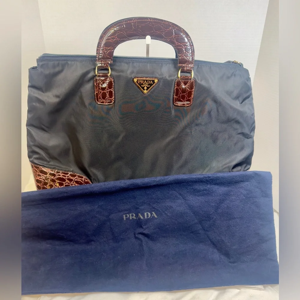 Prada Black Nylon Tote with Croc Embossed Trim